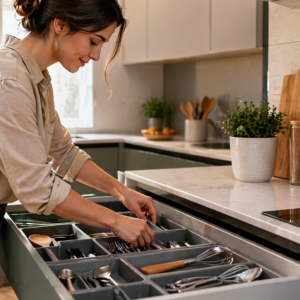 Une femme arrange un tiroir à la cuisine.