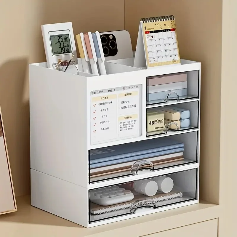 Organiseur de bureau à tiroirs blanc pour accessoires de papeterie.