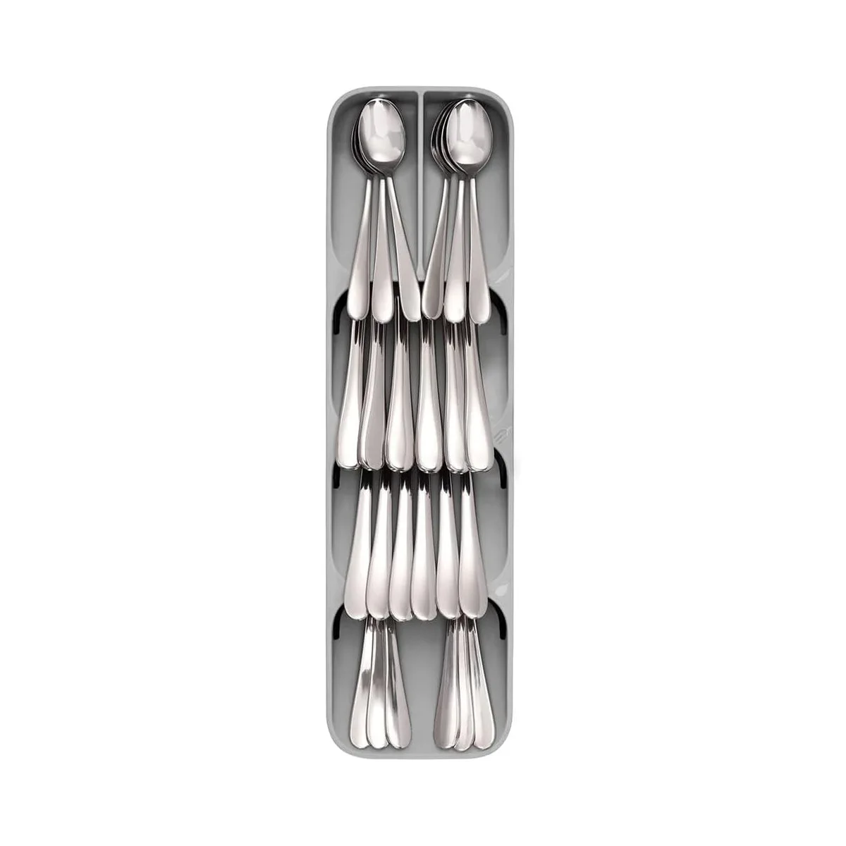 Plateau de Rangement pour Couverts & Organisateur Tiroir | PURETIROIR 4 Rangement de couverts compartimenté gris avec couteaux et fourchettes rangés par catégorie