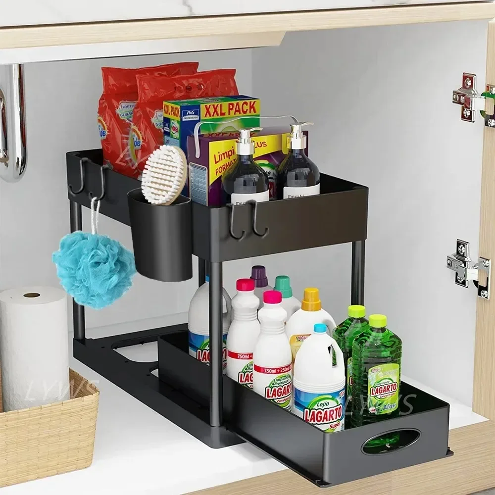 Organisateur de Tiroir sous Évier à 2 Niveaux & Coulissant 6 Support de rangement multifonction avec crochets et gobelets suspendus