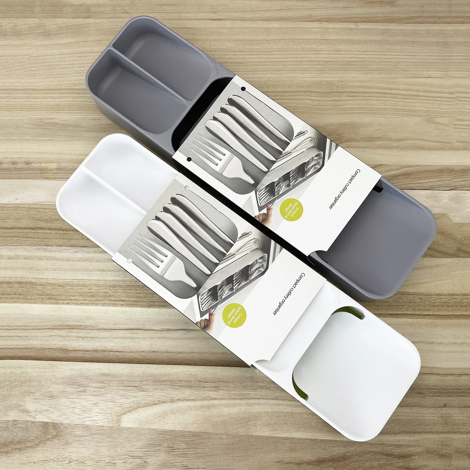 Plateau de Rangement pour Couverts & Organisateur Tiroir | PURETIROIR 5 Plateau de rangement pour couverts compact et ergonomique en plastique durable: couleur gris et blanc