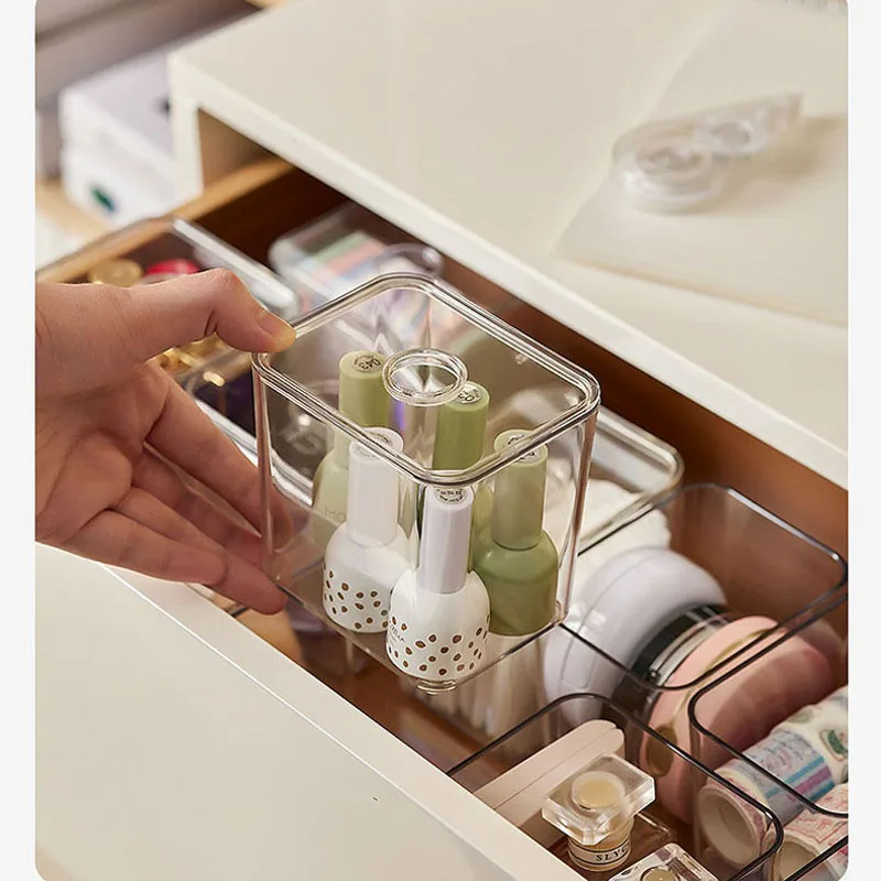 Organisateur de Tiroir Acrylique & Maquillage Transparent 4 Boîte de rangement de bureau transparente avec couvercle protecteur.