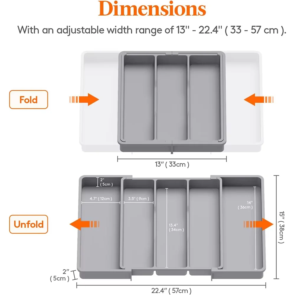 Organisateur de Couverts Extensible | Meilleur Organisateur Tiroir Cuisine 9 Base antiderapante avec tampons de stabilisation sous un range couverts amovible.