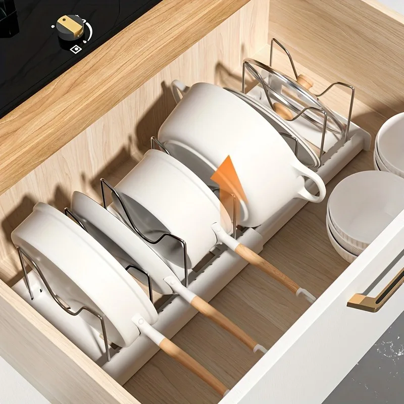 Organisateur de Tiroir Extensible pour Poêles & Casseroles 5 Solution gain de place pour cocottes en fonte et plats à four.