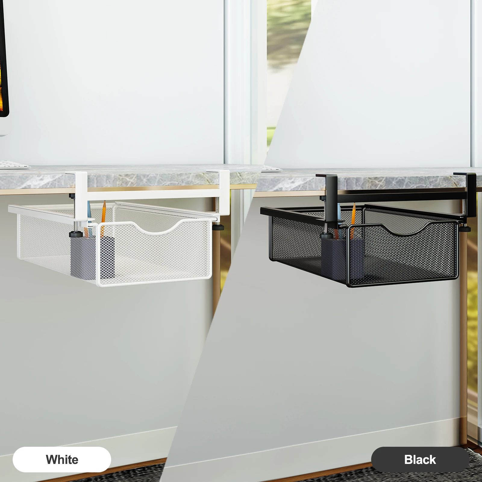 Rangement Tiroir Bureau | Tiroir Suspendu Invisible sous Table 4 iroir sous bureau avec tringle métallique et panier en mesh noir et blanc coulissant.