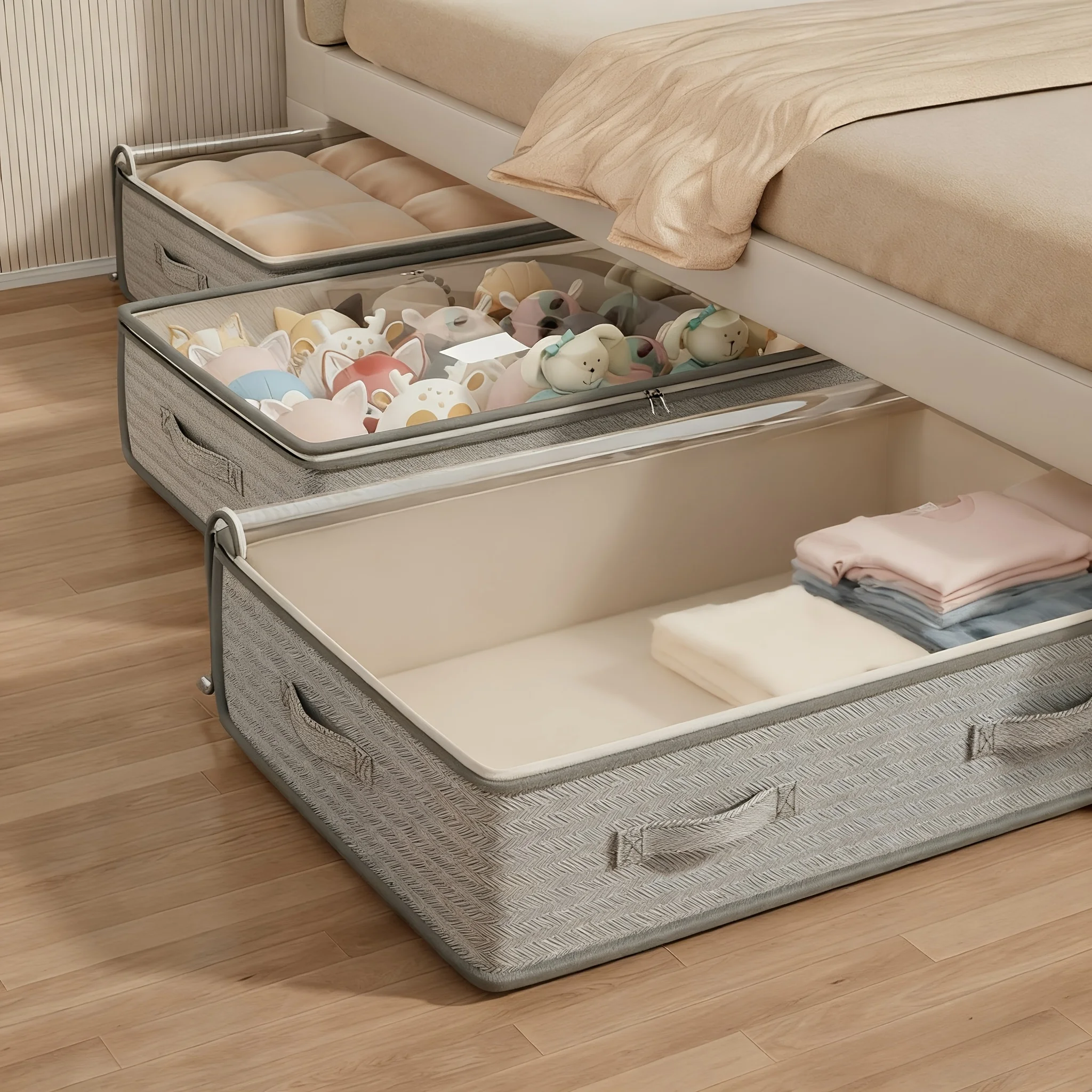 Organisateur de tiroir pliable pour rangement sous le lit avec fenêtre transparente.