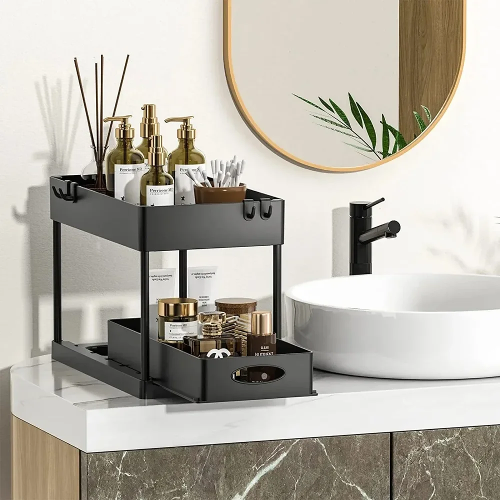 Organisateur de Tiroir sous Évier à 2 Niveaux & Coulissant 7 Rangement de salle de bain zen avec rack à 2 niveaux pour cosmétiques.