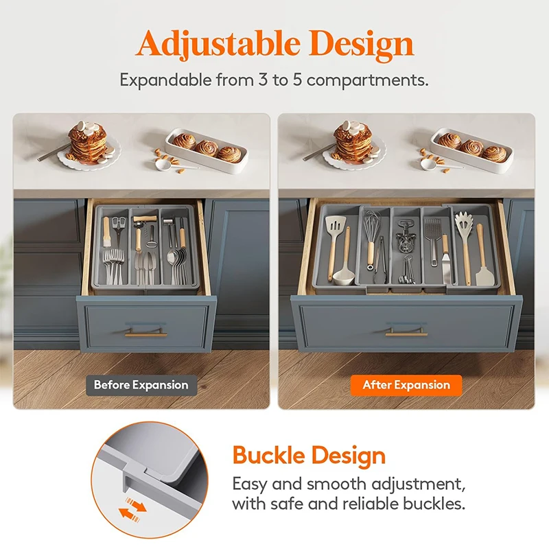 Organisateur de Couverts Extensible | Meilleur Organisateur Tiroir Cuisine 6 Comparaison avant après insert de tiroir modulable gris pour cuilleres de table et spatules de cuisson.