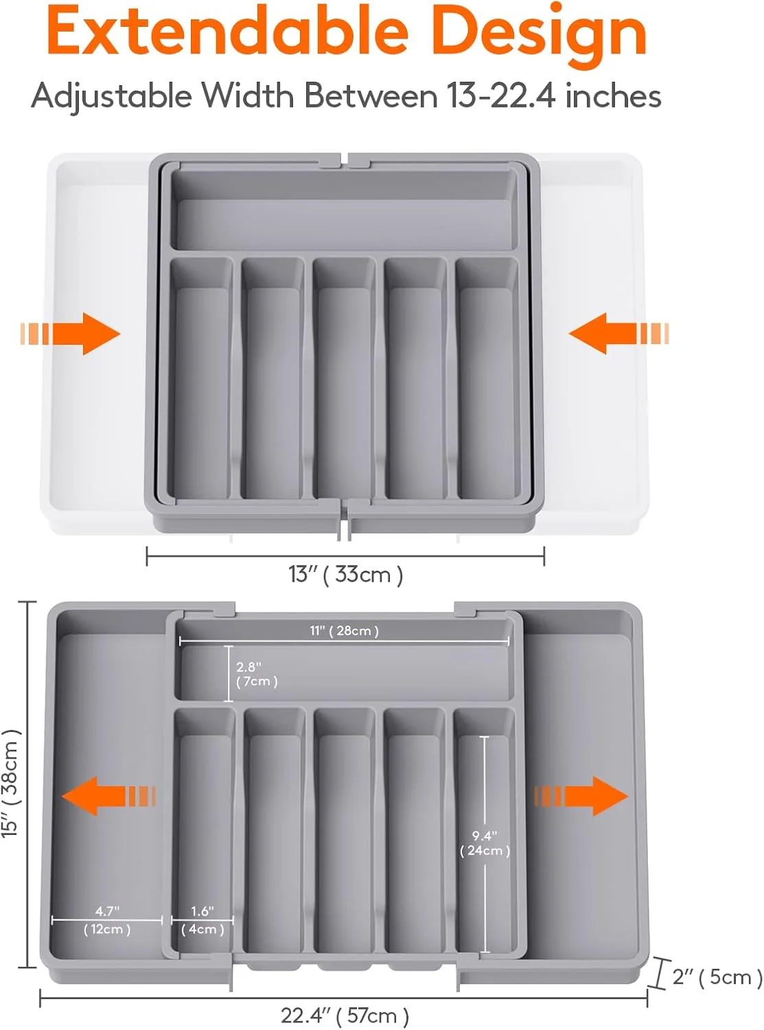 Organisateur de Couverts Extensible | Meilleur Organisateur Tiroir Cuisine 7 Detail du compartiment coulissant lateral d un range couverts de cuisine.