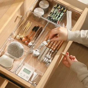 Bac de rangement rétractable transparent pour tiroir de cuisine