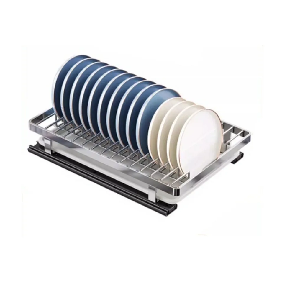 Organisateur de Tiroir Égouttoir Vaisselle Coulissant Inox 6 Poignée ergonomique en acier inoxydable sur un grand rack à vaisselle coulissant.