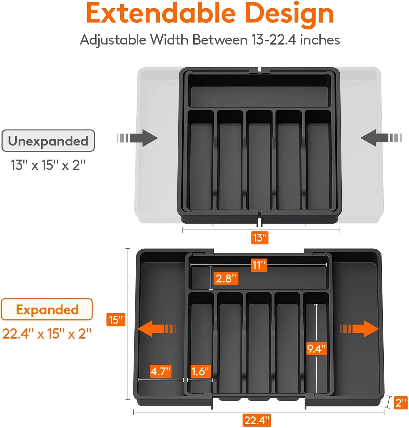 Organisateur de Couverts Extensible | Meilleur Organisateur Tiroir Cuisine 8 Plateau de rangement de cuisine extensible sans BPA pour accessoires de chef.