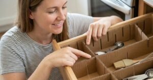 Une femme souriante montrant un organisateur de tiroir de cuisine sur mesure fabriqué à la main avec des séparateurs en carton imbriqués