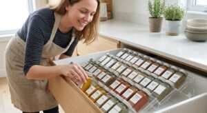 Une femme souriante organisant un tiroir de cuisine avec un range-épices biseauté transparent en acrylique contenant des pots alignés