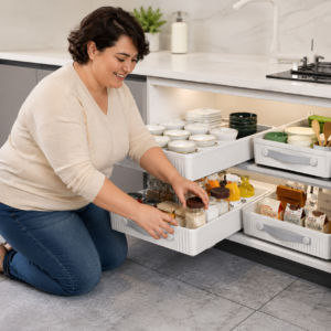 Cuisine moderne et rangement sous évier organisé