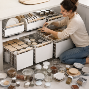 Support de Rangement de Cuisine Extractible | Tiroir Coulissant Acier 13 Rangement de cuisine extractible en acier au carbone installe dans un placard bas